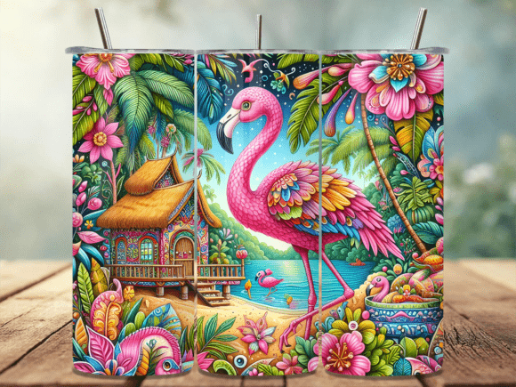 Download Tropical Beach Flamingo Hut Tumbler Wrap - Tumbler Collection