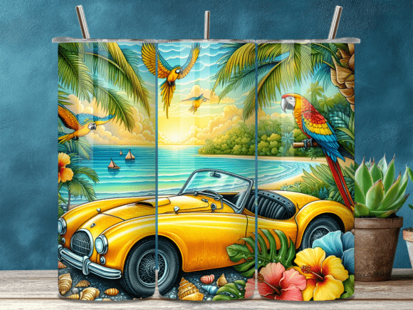 Download Yellow Vintage Car Tropical Bird Tumbler - Tumbler Collection