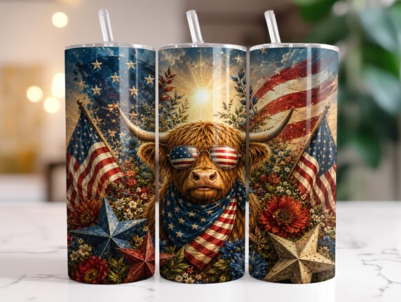 Download Patriotic Highland Cow 20oz Tumbler Wrap - Tumbler Collection